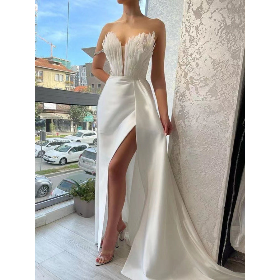 Feather Embellished Slit Maxi Dress White / S Apparel and Accessories