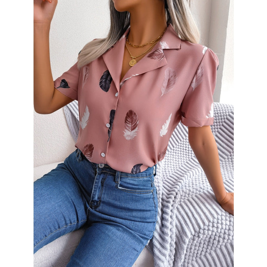 Feather Print Lapel Collar Puff Sleeve Shirt Dusty Pink / S