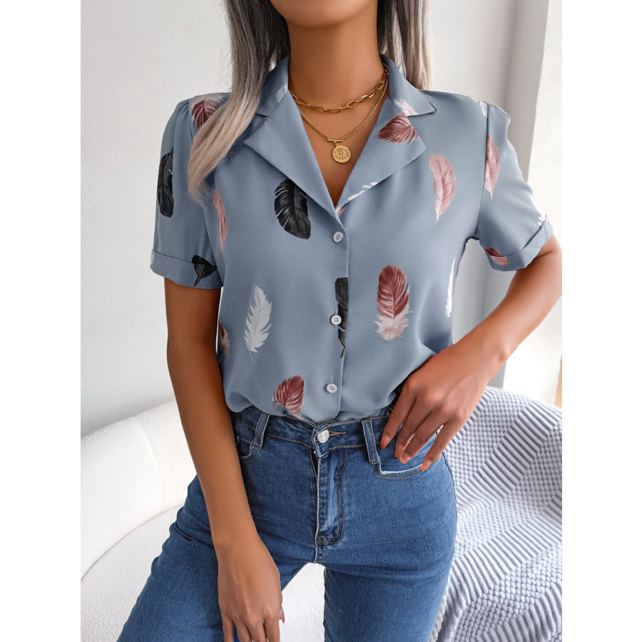 Feather Print Lapel Collar Puff Sleeve Shirt Misty Blue / S