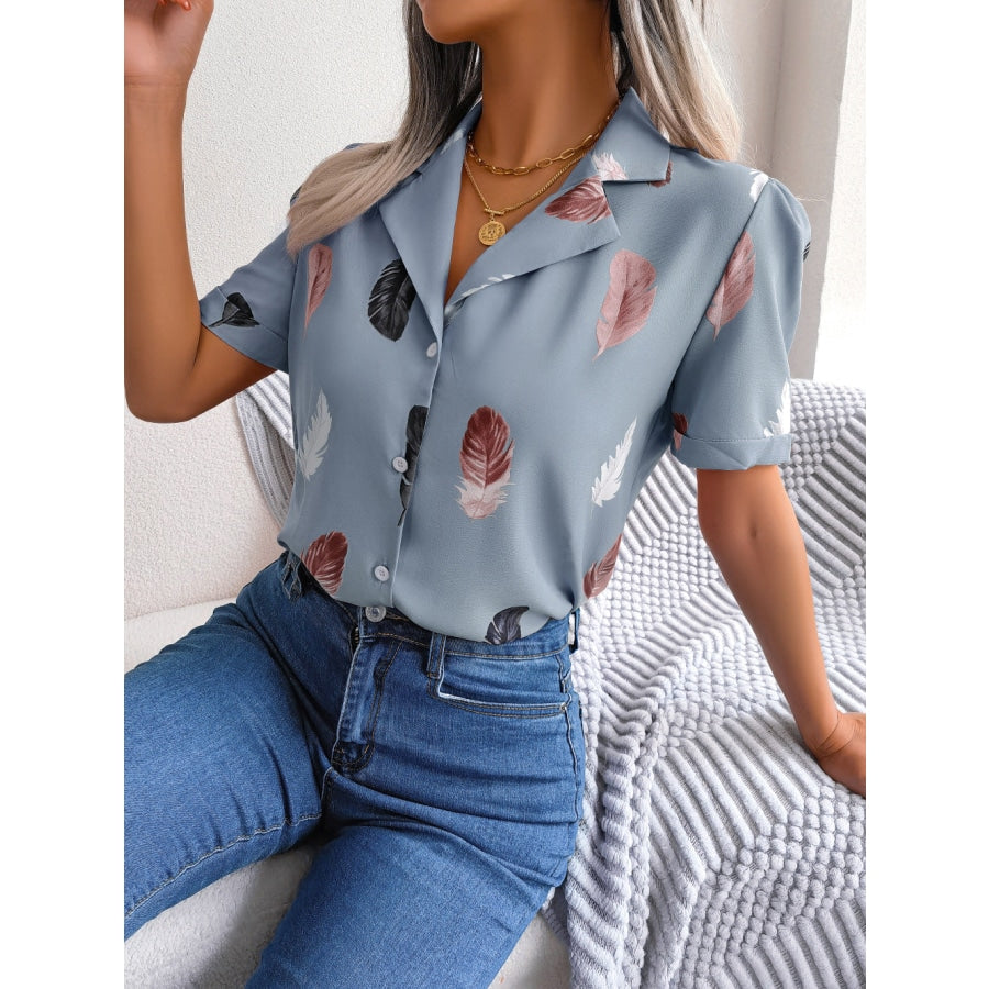 Feather Print Lapel Collar Puff Sleeve Shirt