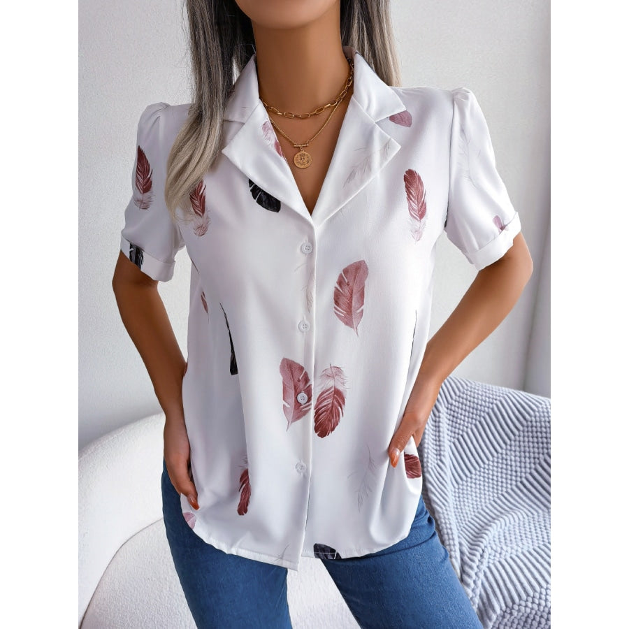 Feather Print Lapel Collar Puff Sleeve Shirt