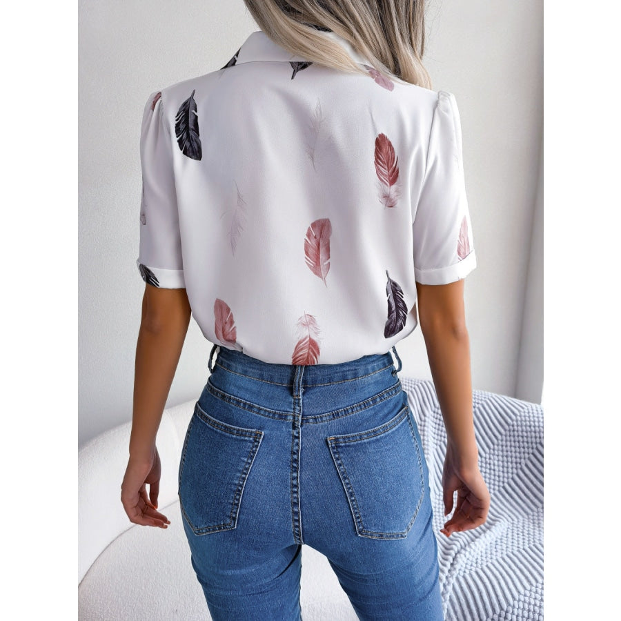 Feather Print Lapel Collar Puff Sleeve Shirt