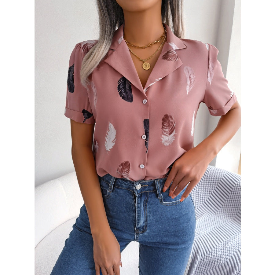 Feather Print Lapel Collar Puff Sleeve Shirt