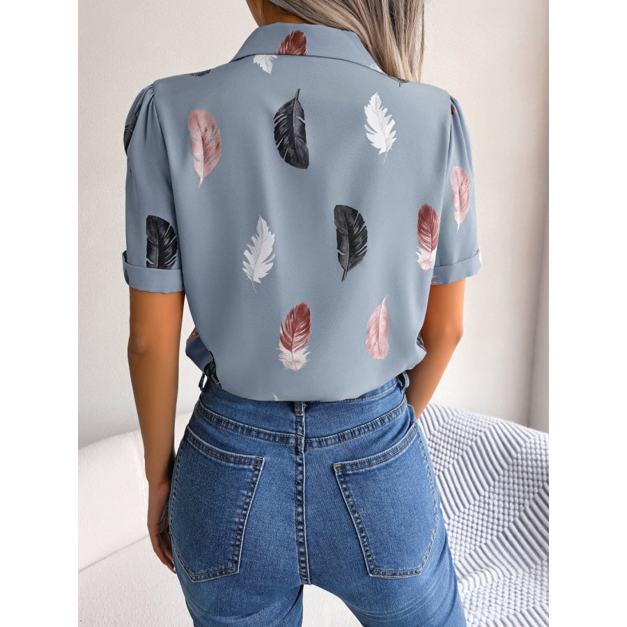 Feather Print Lapel Collar Puff Sleeve Shirt