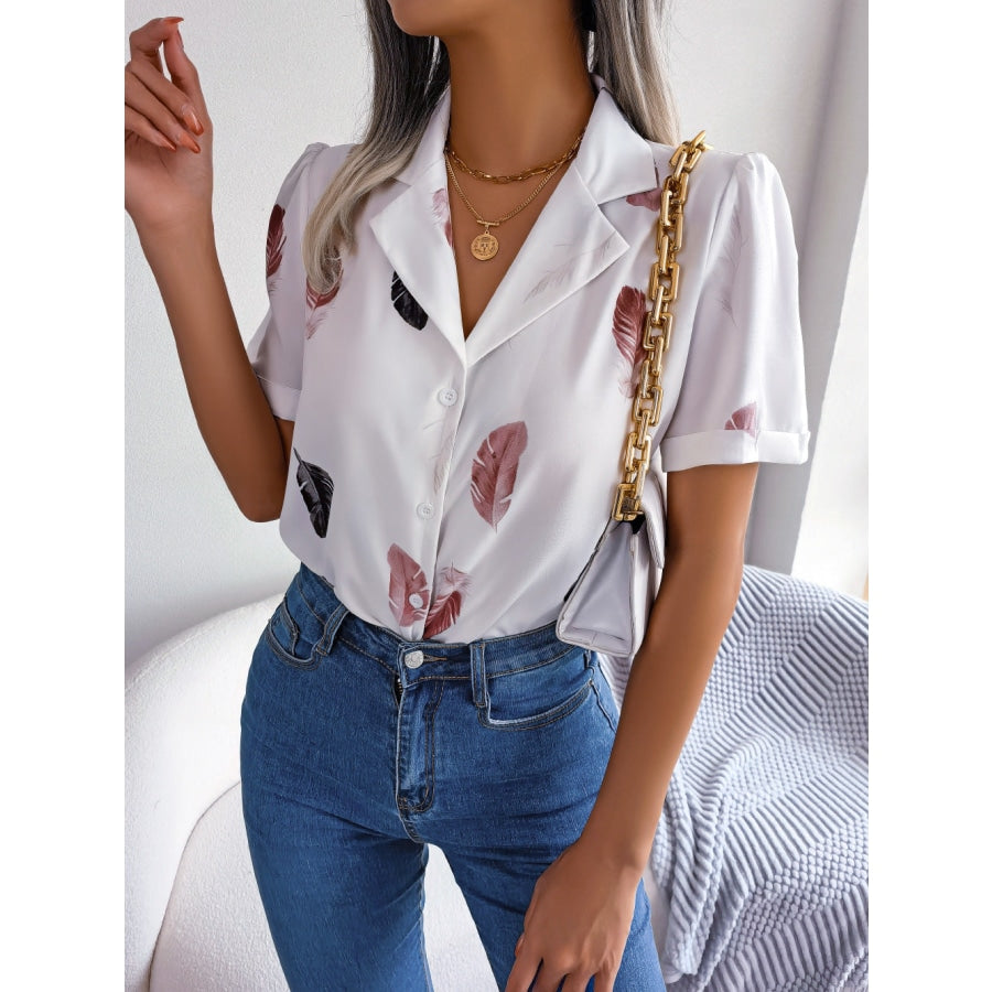 Feather Print Lapel Collar Puff Sleeve Shirt White / S