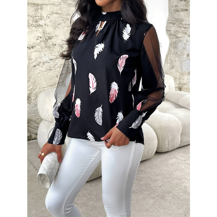 Feather Print Mock Neck Long Sleeve Blouse Apparel and Accessories