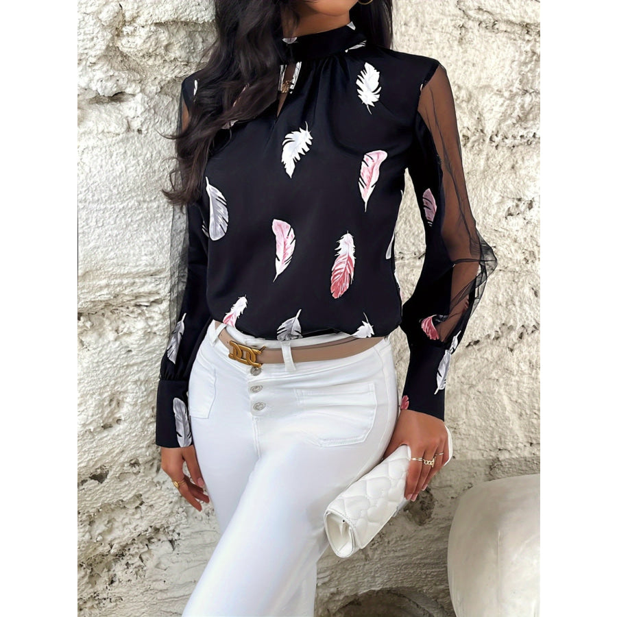 Feather Print Mock Neck Long Sleeve Blouse Black / S Apparel and Accessories