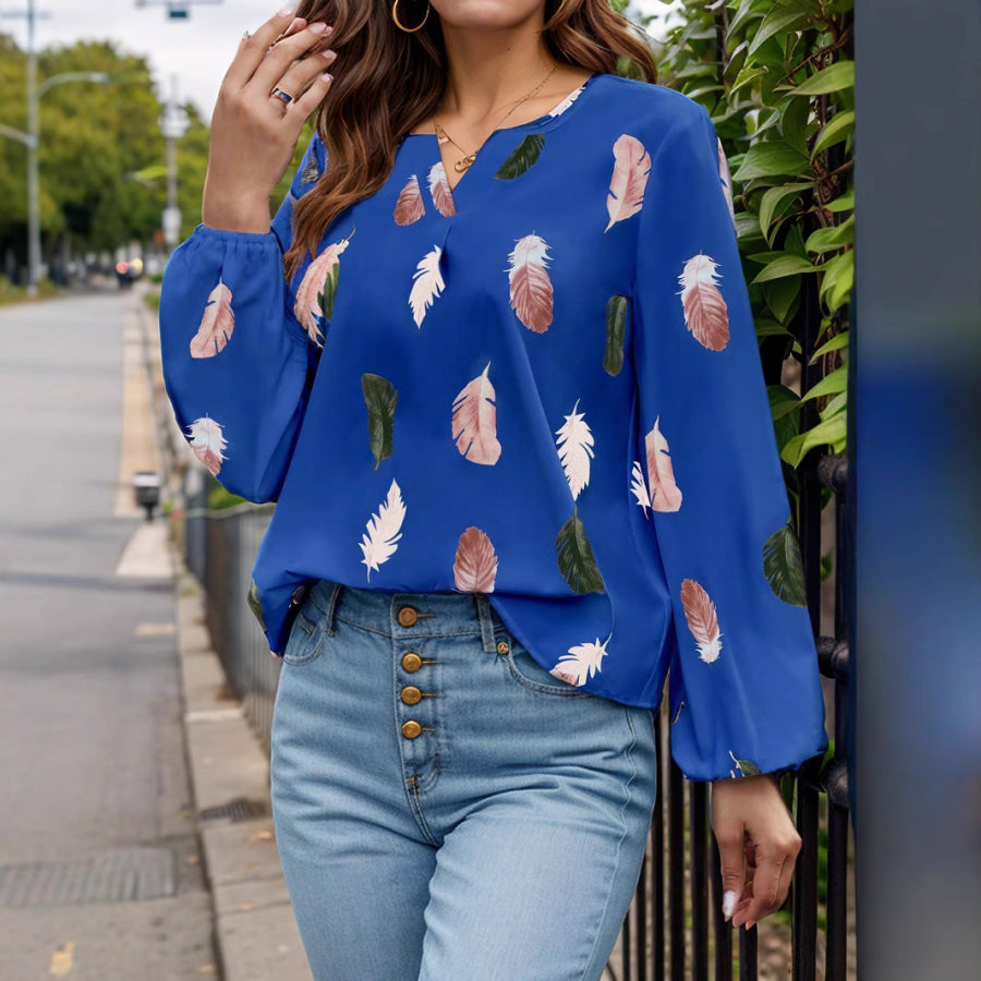 Feather Print Notched Balloon Sleeve Top Air Force Blue / L Apparel and Accessories