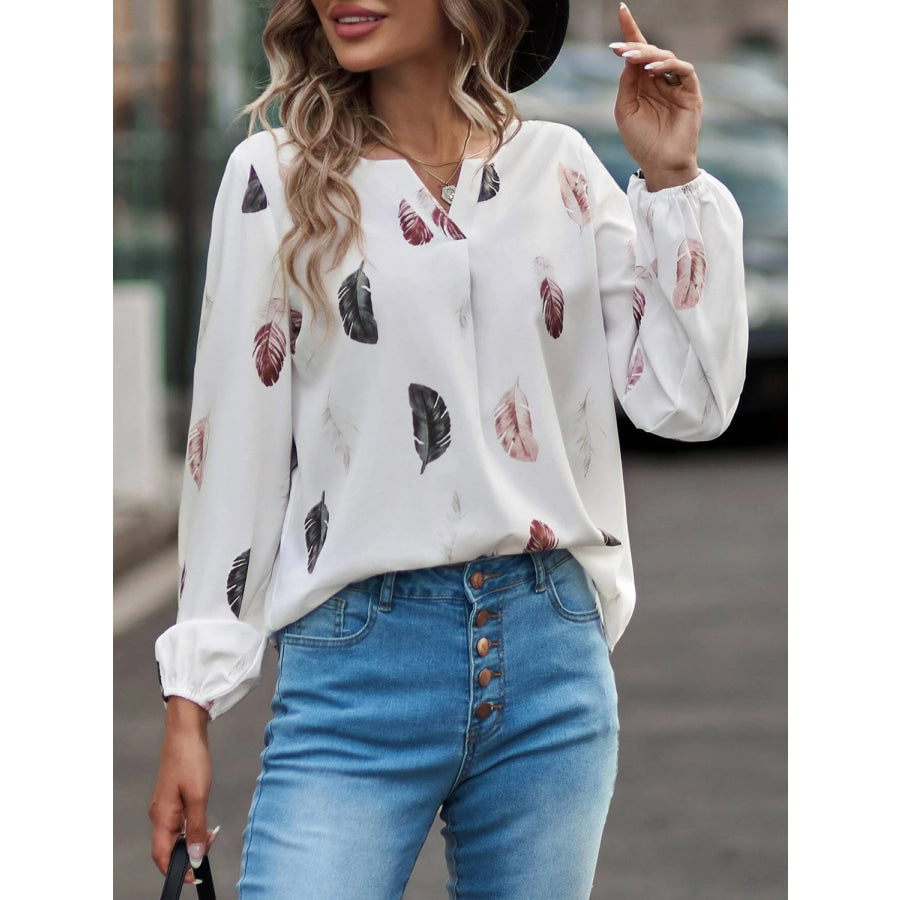 Feather Print Notched Balloon Sleeve Top Apparel and Accessories