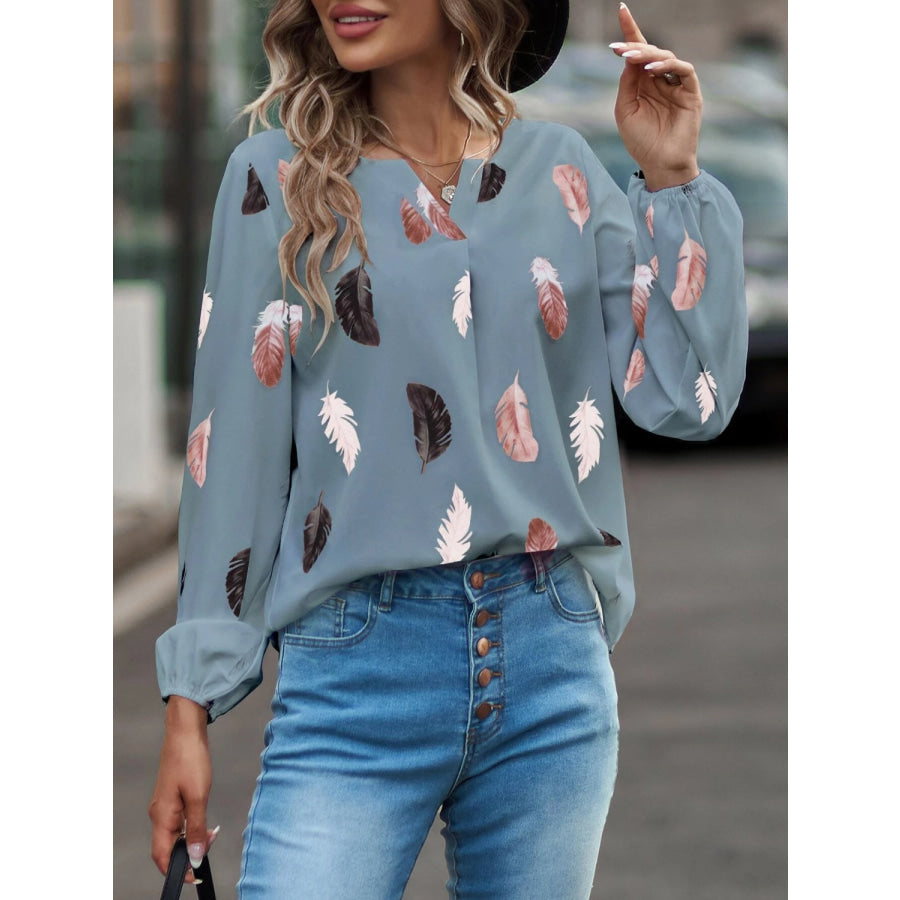 Feather Print Notched Balloon Sleeve Top Apparel and Accessories