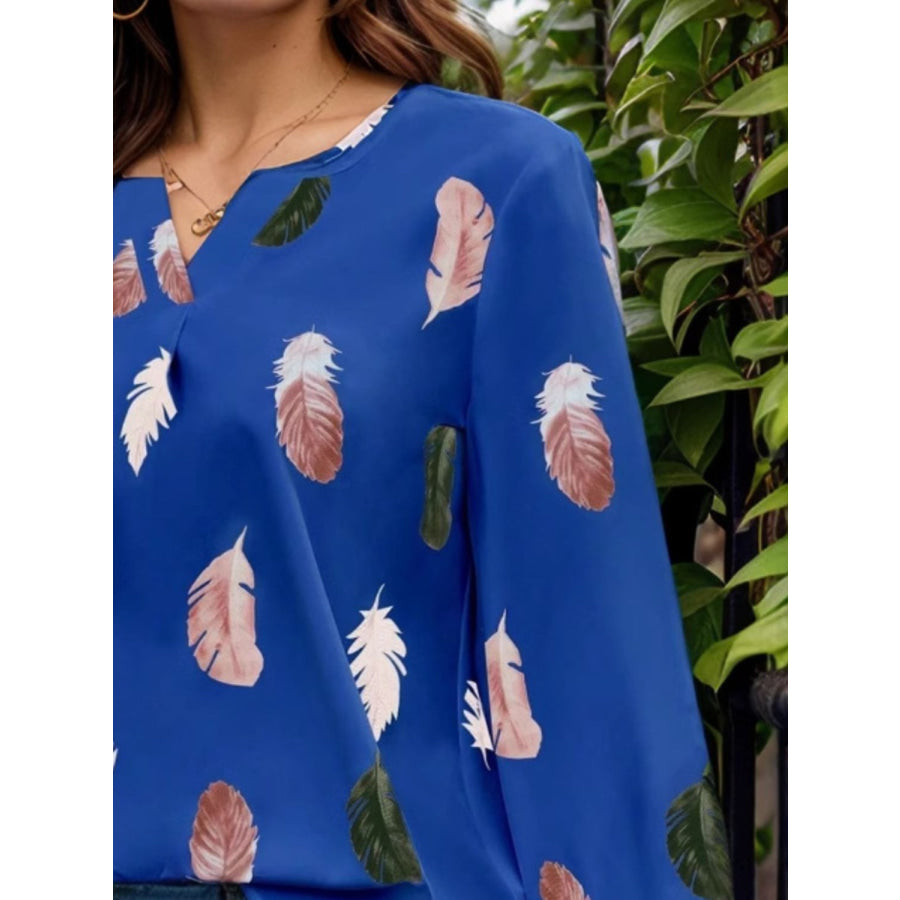 Feather Print Notched Balloon Sleeve Top Apparel and Accessories