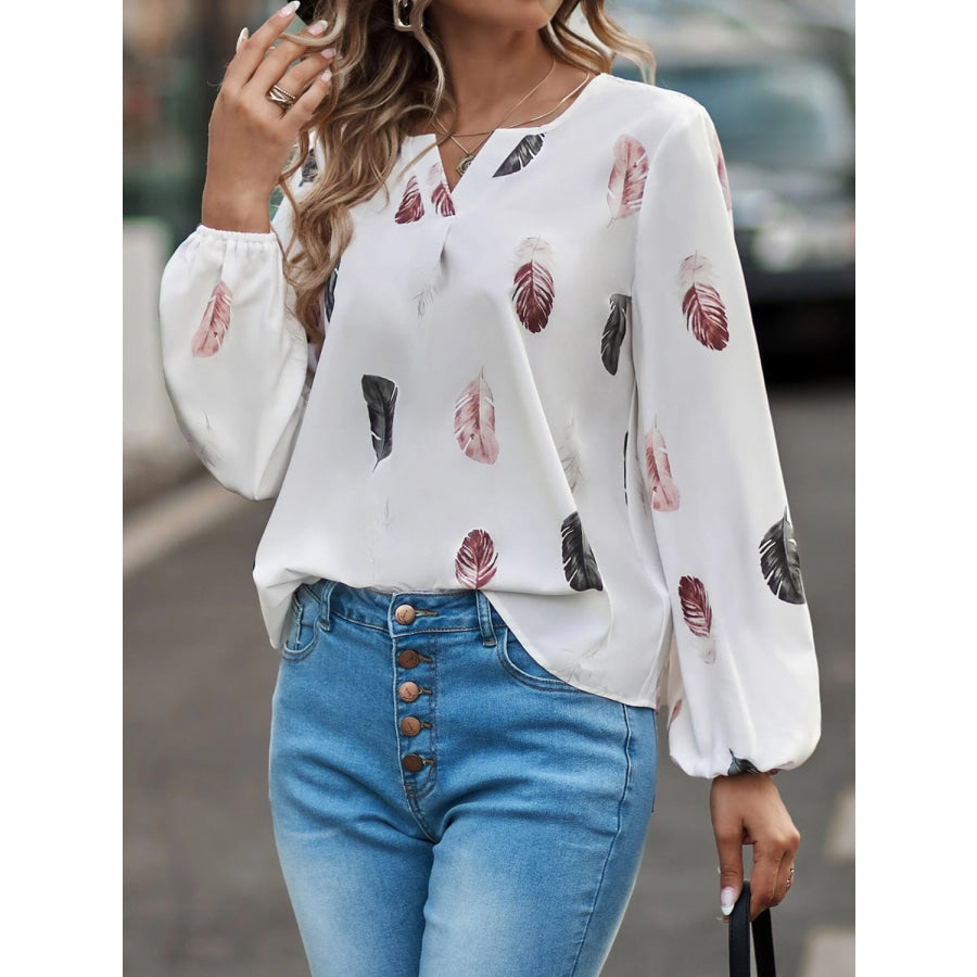 Feather Print Notched Balloon Sleeve Top Apparel and Accessories