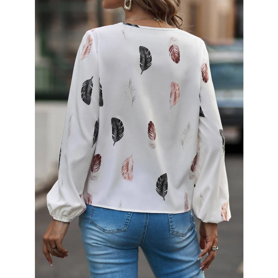 Feather Print Notched Balloon Sleeve Top Apparel and Accessories