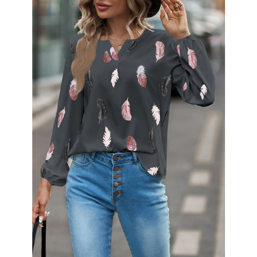 Feather Print Notched Balloon Sleeve Top Apparel and Accessories