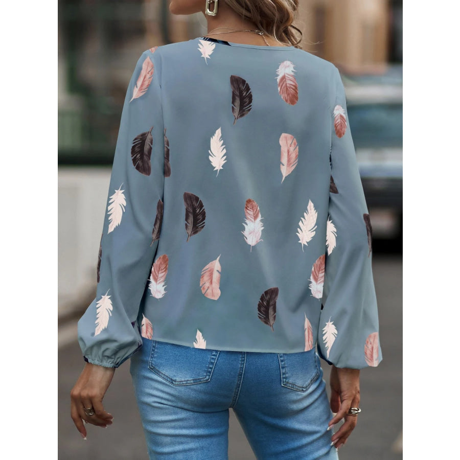 Feather Print Notched Balloon Sleeve Top Apparel and Accessories