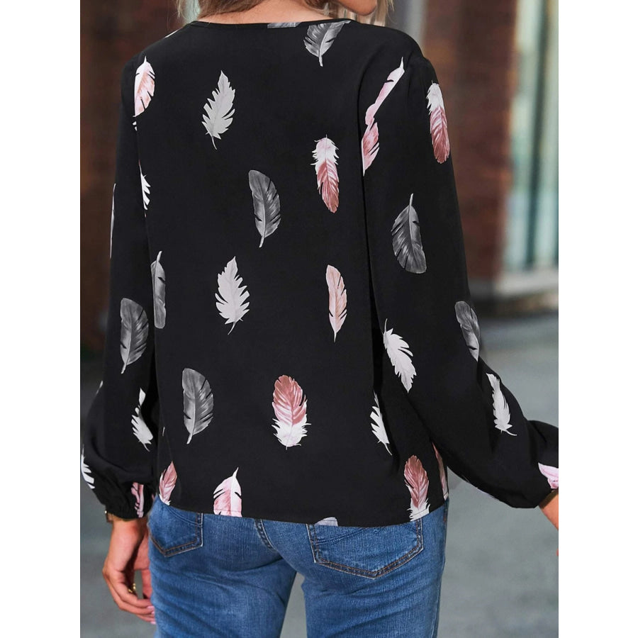 Feather Print Notched Balloon Sleeve Top Apparel and Accessories