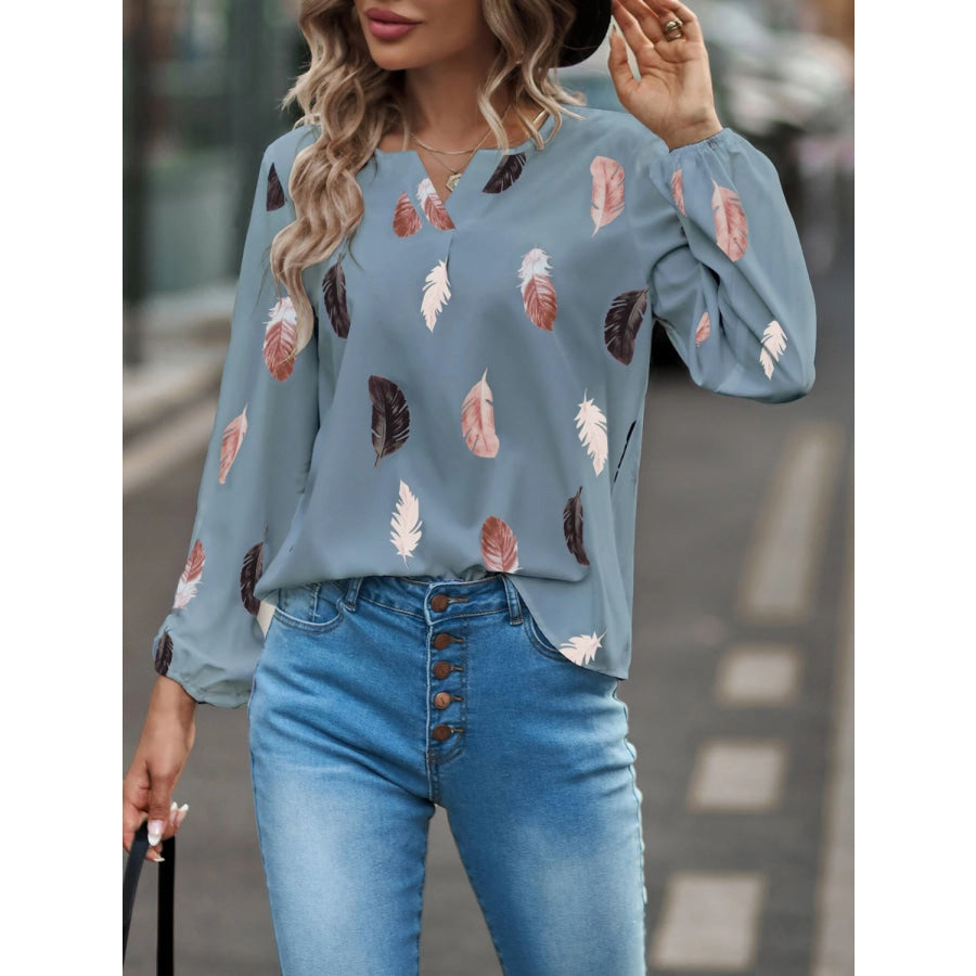 Feather Print Notched Balloon Sleeve Top Apparel and Accessories