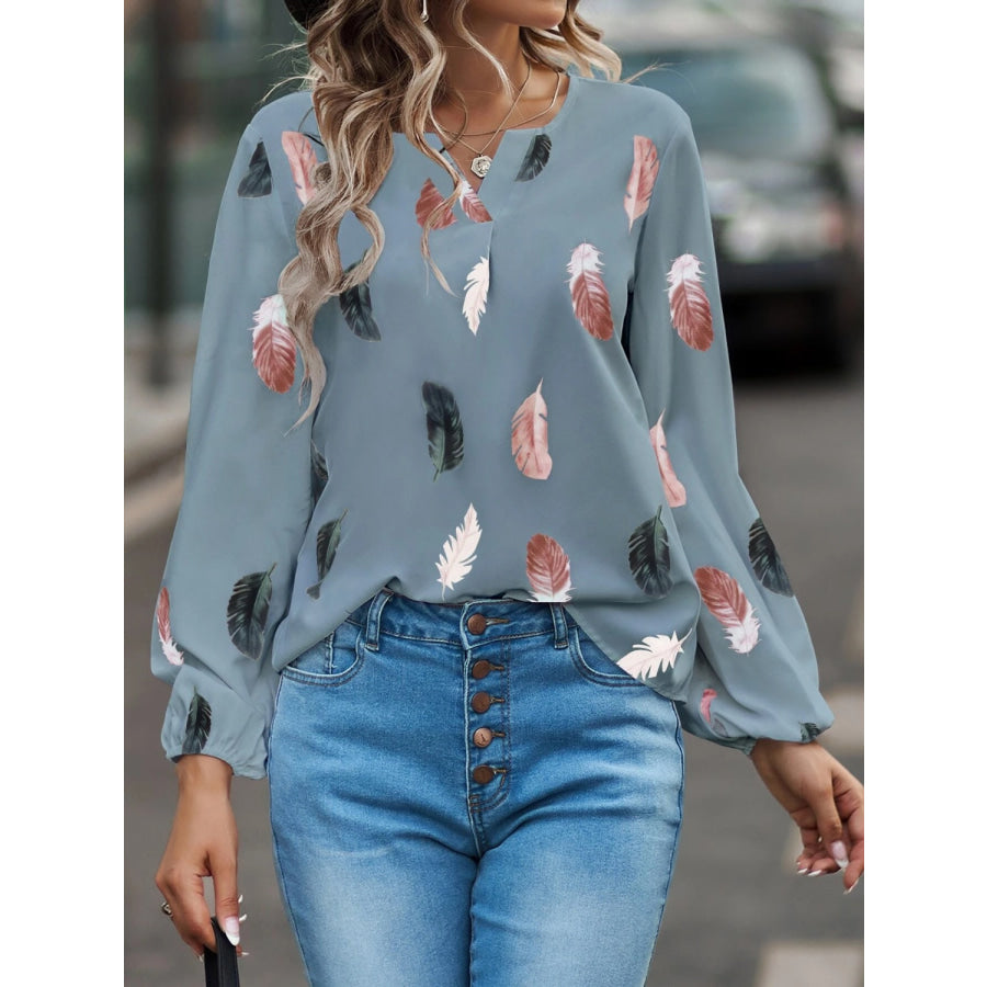 Feather Print Notched Balloon Sleeve Top Apparel and Accessories