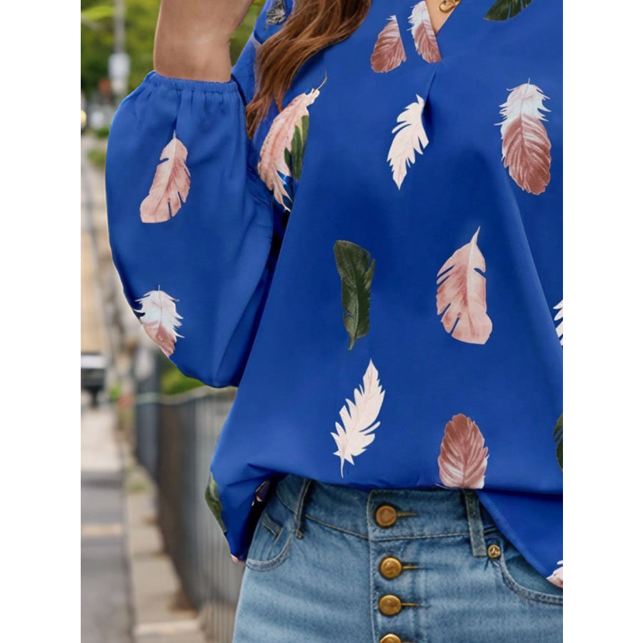 Feather Print Notched Balloon Sleeve Top Apparel and Accessories