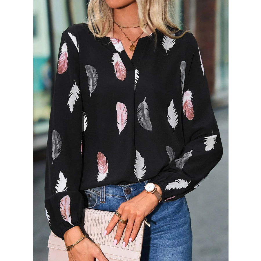 Feather Print Notched Balloon Sleeve Top Black / S Apparel and Accessories