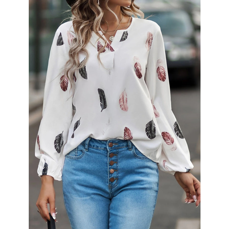 Feather Print Notched Balloon Sleeve Top White / S Apparel and Accessories