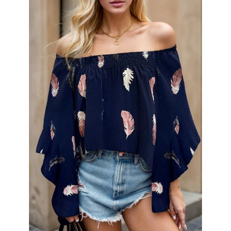 Feather Print Smocked Off-Shoulder Blouse Navy / S