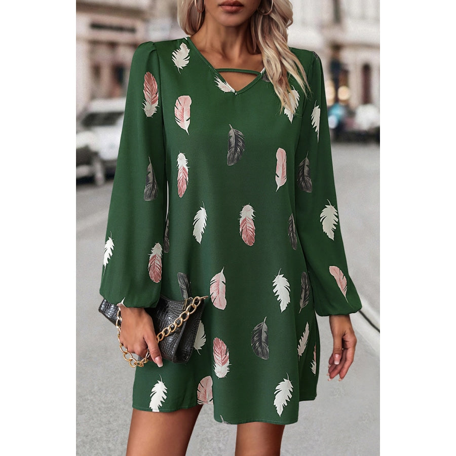 Feather Print V-Neck Dress