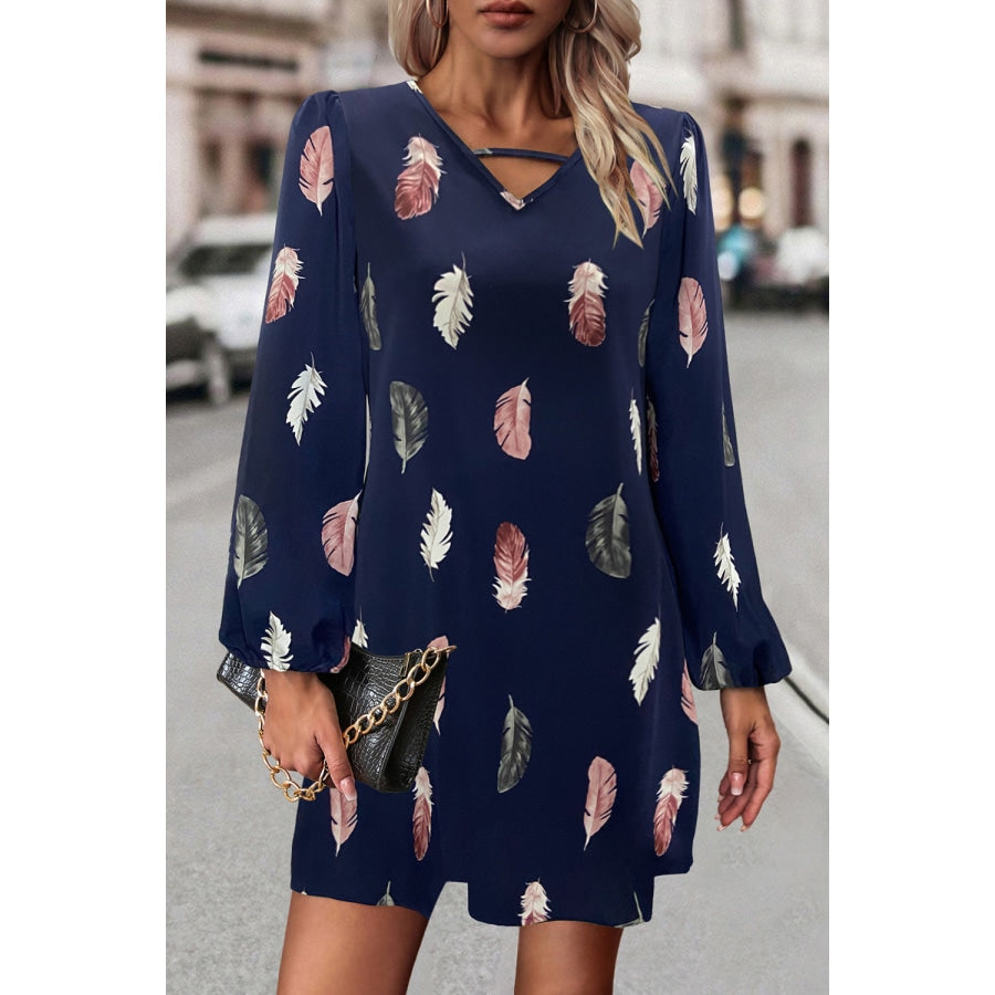 Feather Print V-Neck Dress