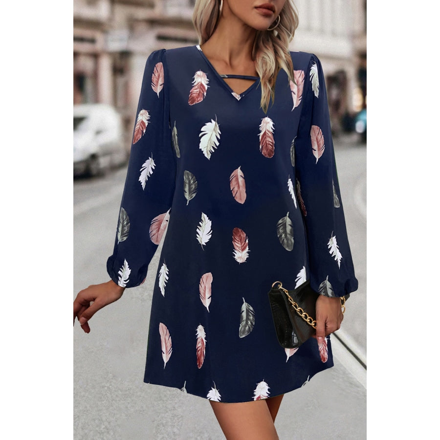 Feather Print V-Neck Dress