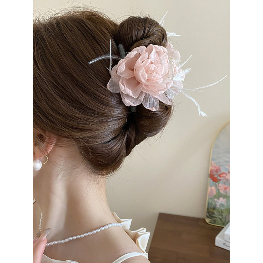 Feather Trim Flower Shape Hair Claw Clip Blush Pink / One Size Apparel and Accessories
