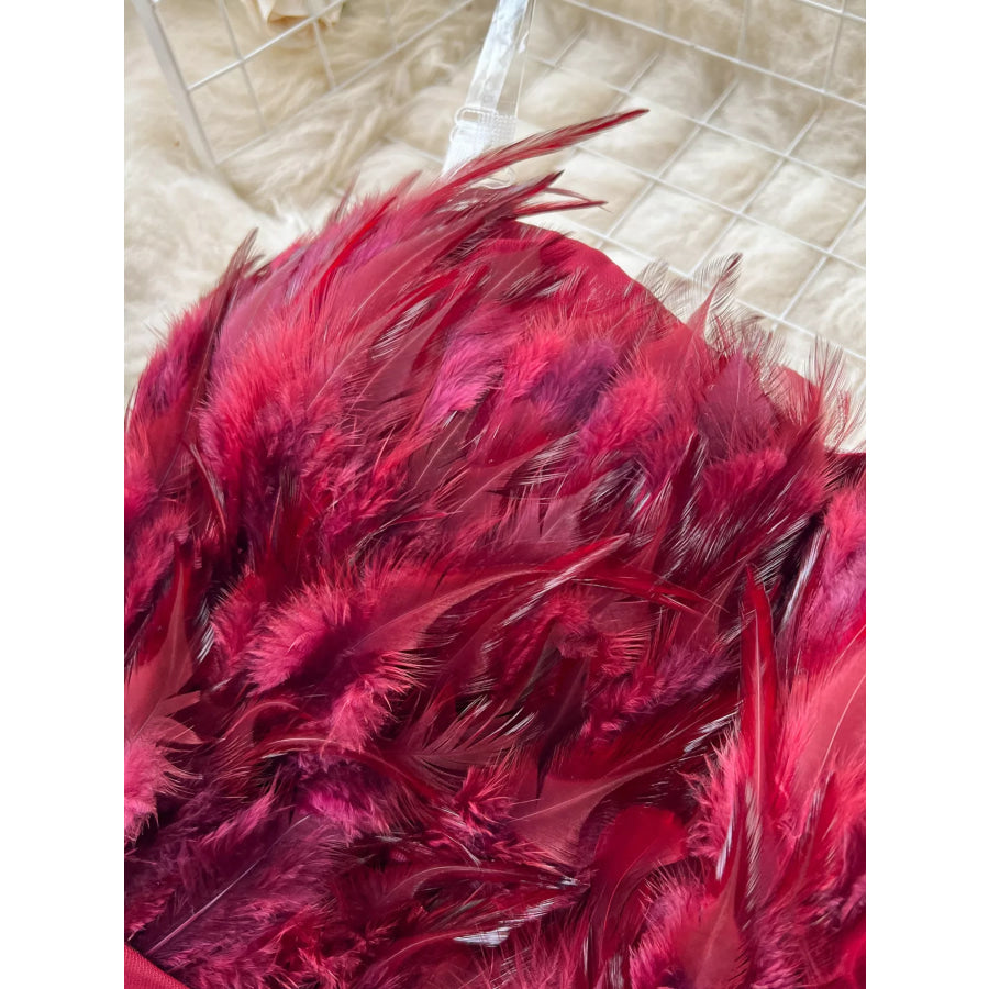 Feather Trim Strapless Wide Leg Jumpsuit Apparel and Accessories