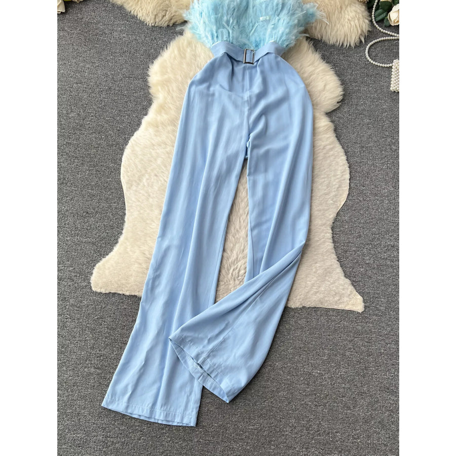 Feather Trim Strapless Wide Leg Jumpsuit Apparel and Accessories