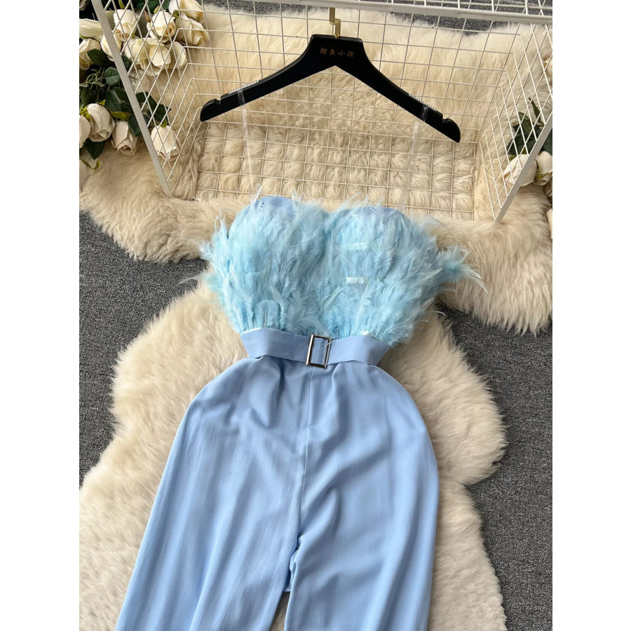 Feather Trim Strapless Wide Leg Jumpsuit Apparel and Accessories