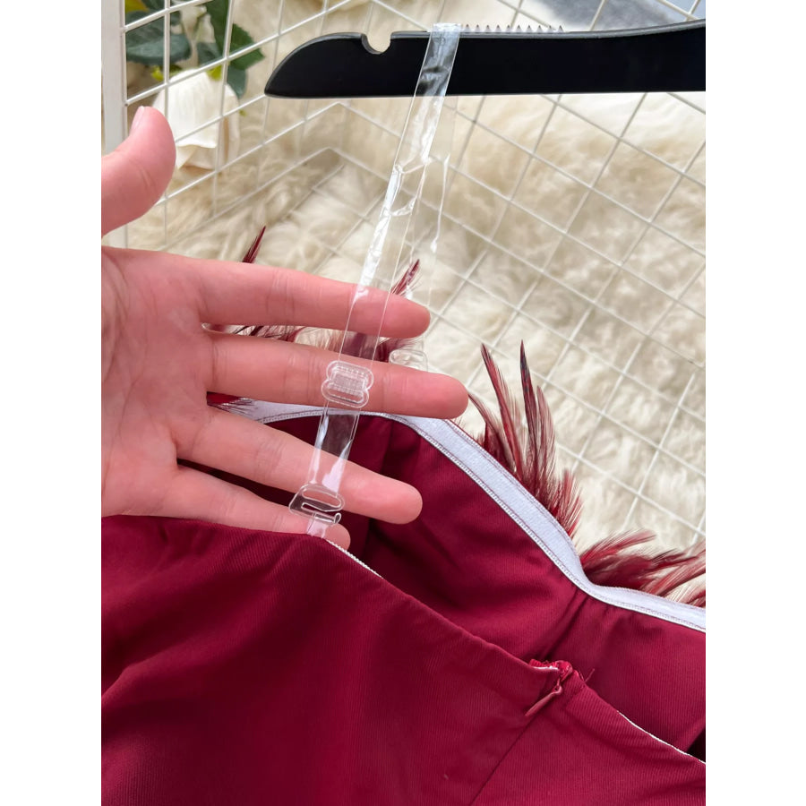Feather Trim Strapless Wide Leg Jumpsuit Apparel and Accessories