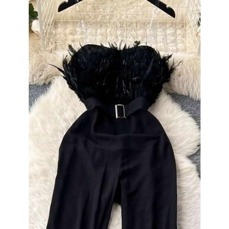 Feather Trim Strapless Wide Leg Jumpsuit Apparel and Accessories