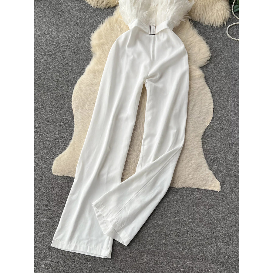 Feather Trim Strapless Wide Leg Jumpsuit Apparel and Accessories