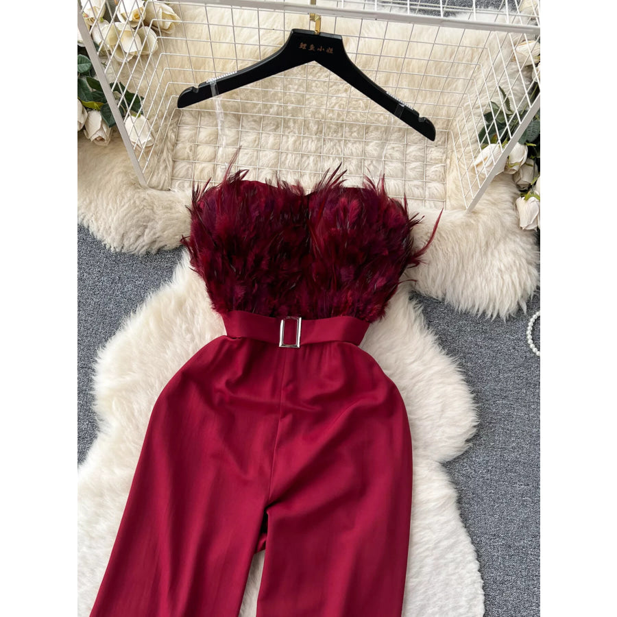 Feather Trim Strapless Wide Leg Jumpsuit Apparel and Accessories
