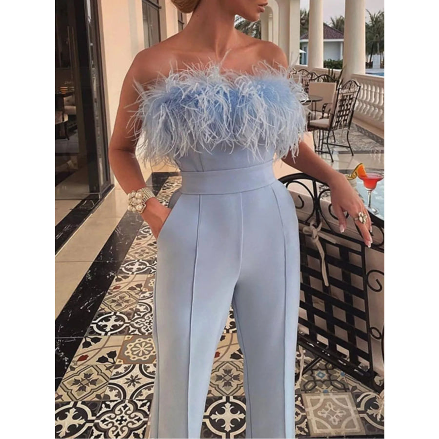 Feather Trim Strapless Wide-Leg Jumpsuit Apparel and Accessories