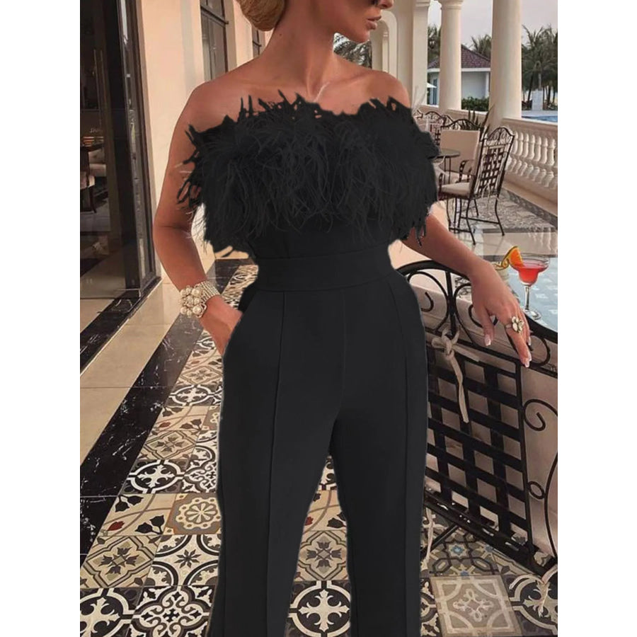 Feather Trim Strapless Wide-Leg Jumpsuit Black / S Apparel and Accessories