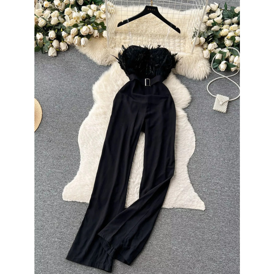 Feather Trim Strapless Wide Leg Jumpsuit Black / S Apparel and Accessories