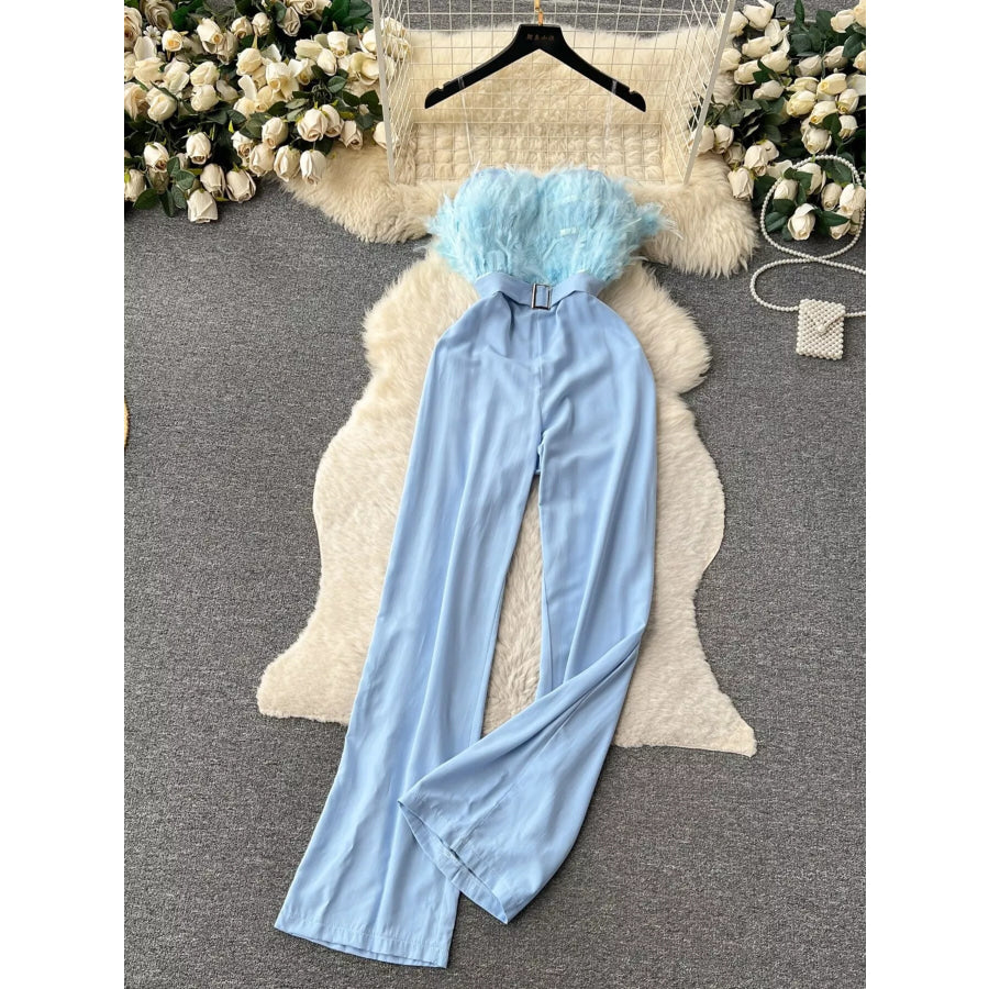 Feather Trim Strapless Wide Leg Jumpsuit Blue / S Apparel and Accessories