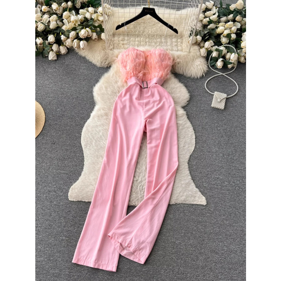 Feather Trim Strapless Wide Leg Jumpsuit Pink / S Apparel and Accessories