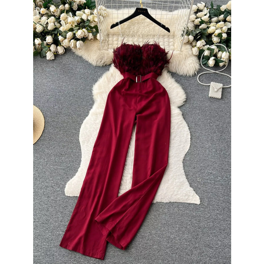 Feather Trim Strapless Wide Leg Jumpsuit Wine Red / S Apparel and Accessories