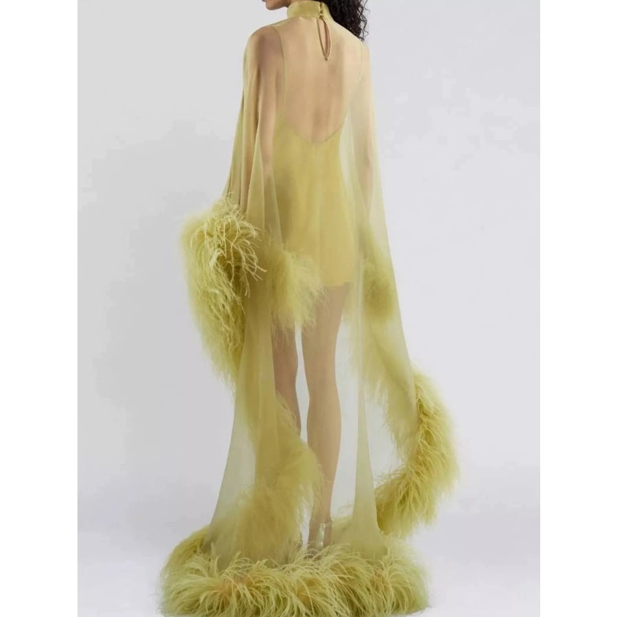 Feather-Trimmed Sheer Mock Neck Mini Dress Apparel and Accessories