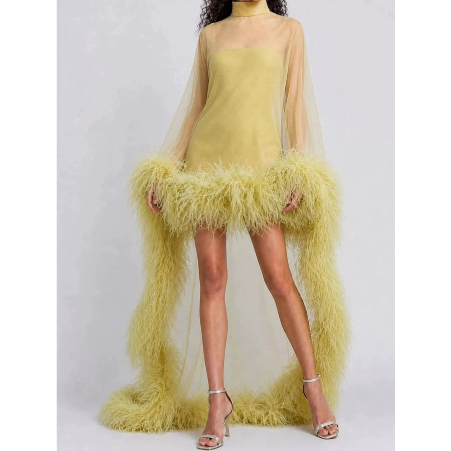 Feather-Trimmed Sheer Mock Neck Mini Dress Apparel and Accessories