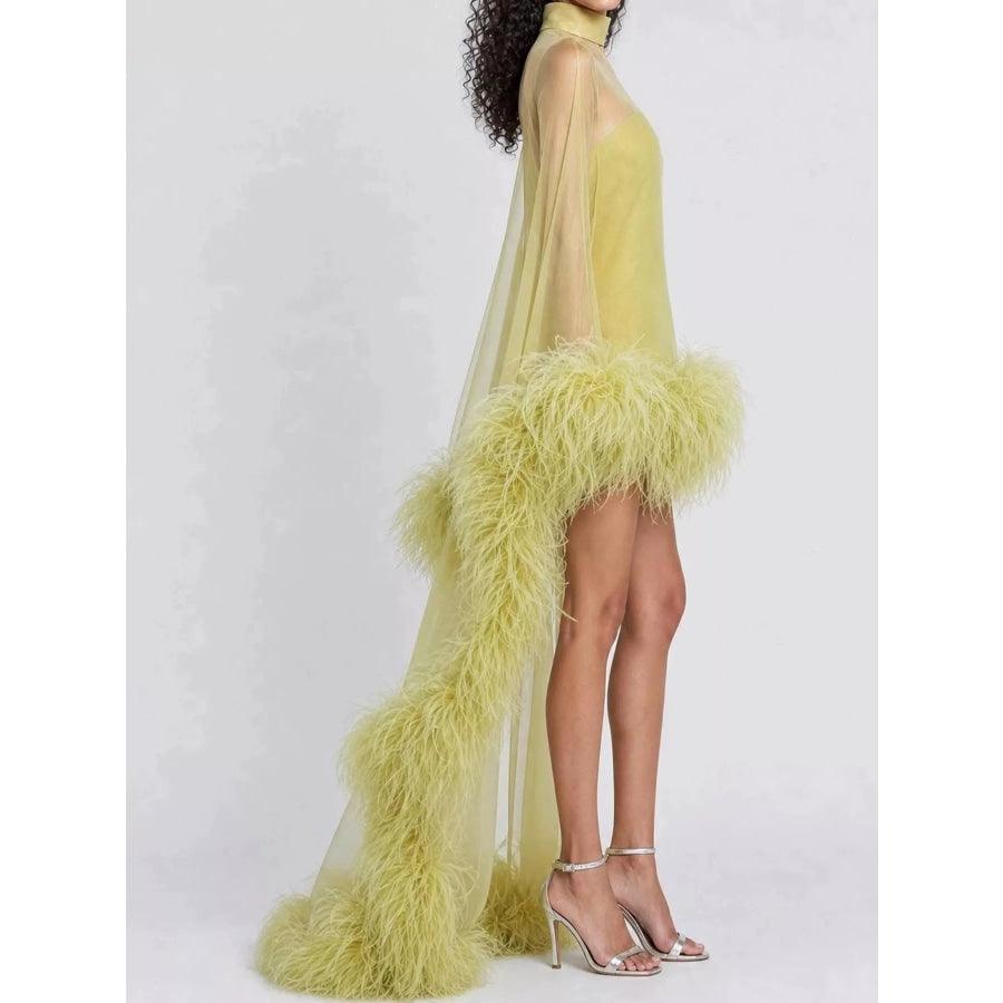 Feather-Trimmed Sheer Mock Neck Mini Dress Apparel and Accessories