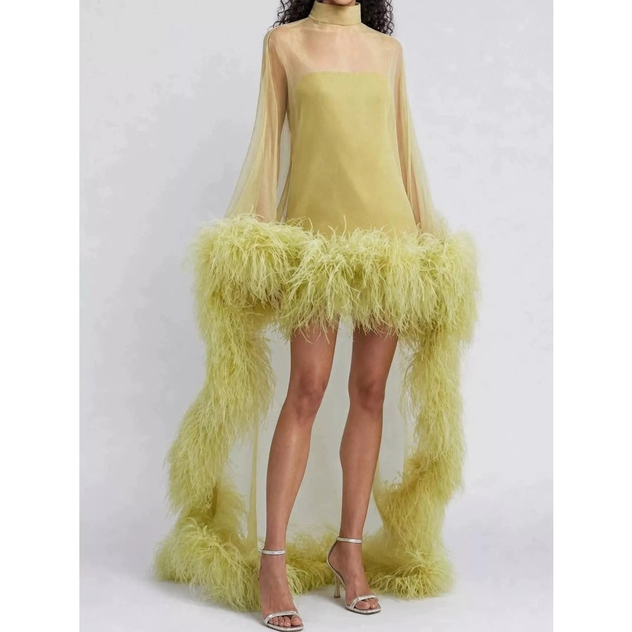 Feather-Trimmed Sheer Mock Neck Mini Dress Green / S Apparel and Accessories