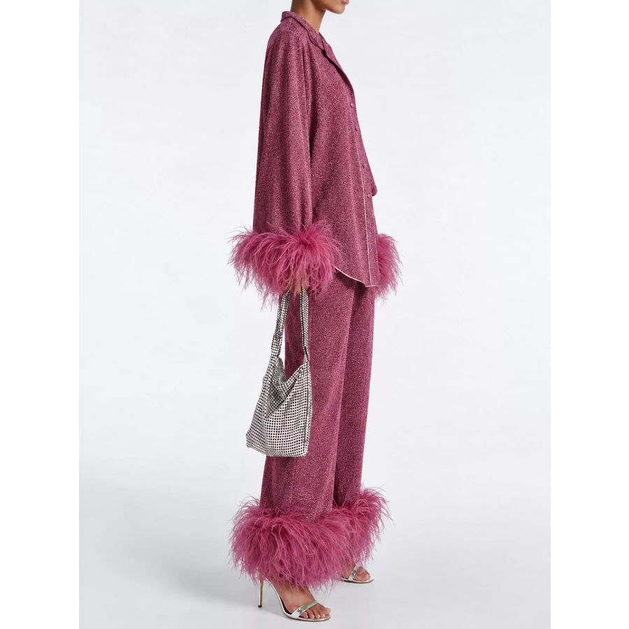 Feather-Trimmed Top and Wide Leg Pants Set Apparel Accessories