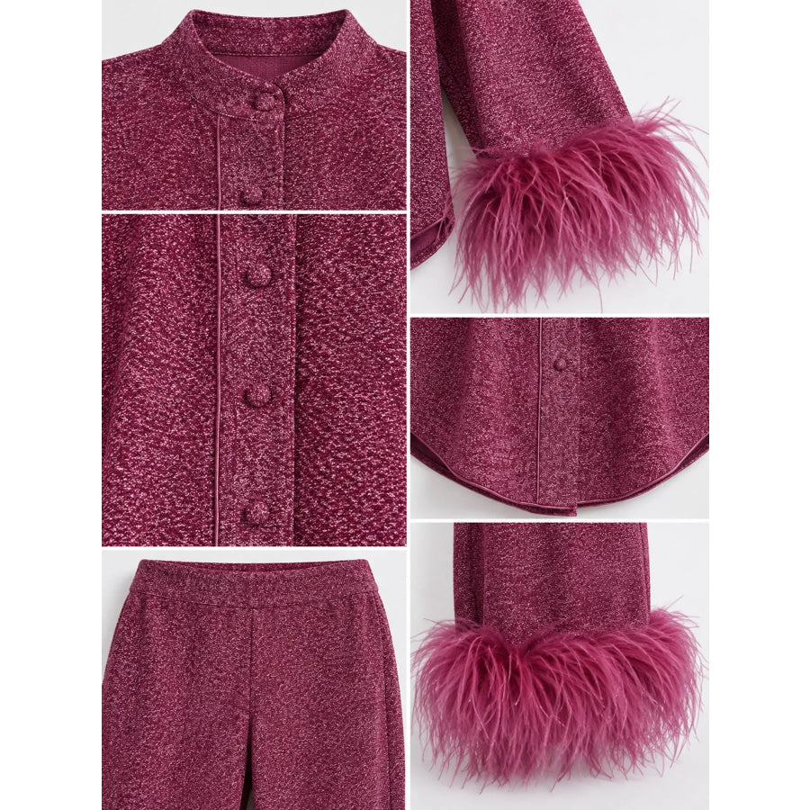 Feather-Trimmed Top and Wide Leg Pants Set Apparel Accessories