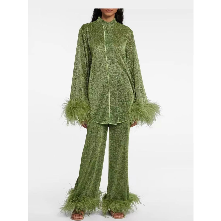 Feather-Trimmed Top and Wide Leg Pants Set Army Green / S Apparel Accessories
